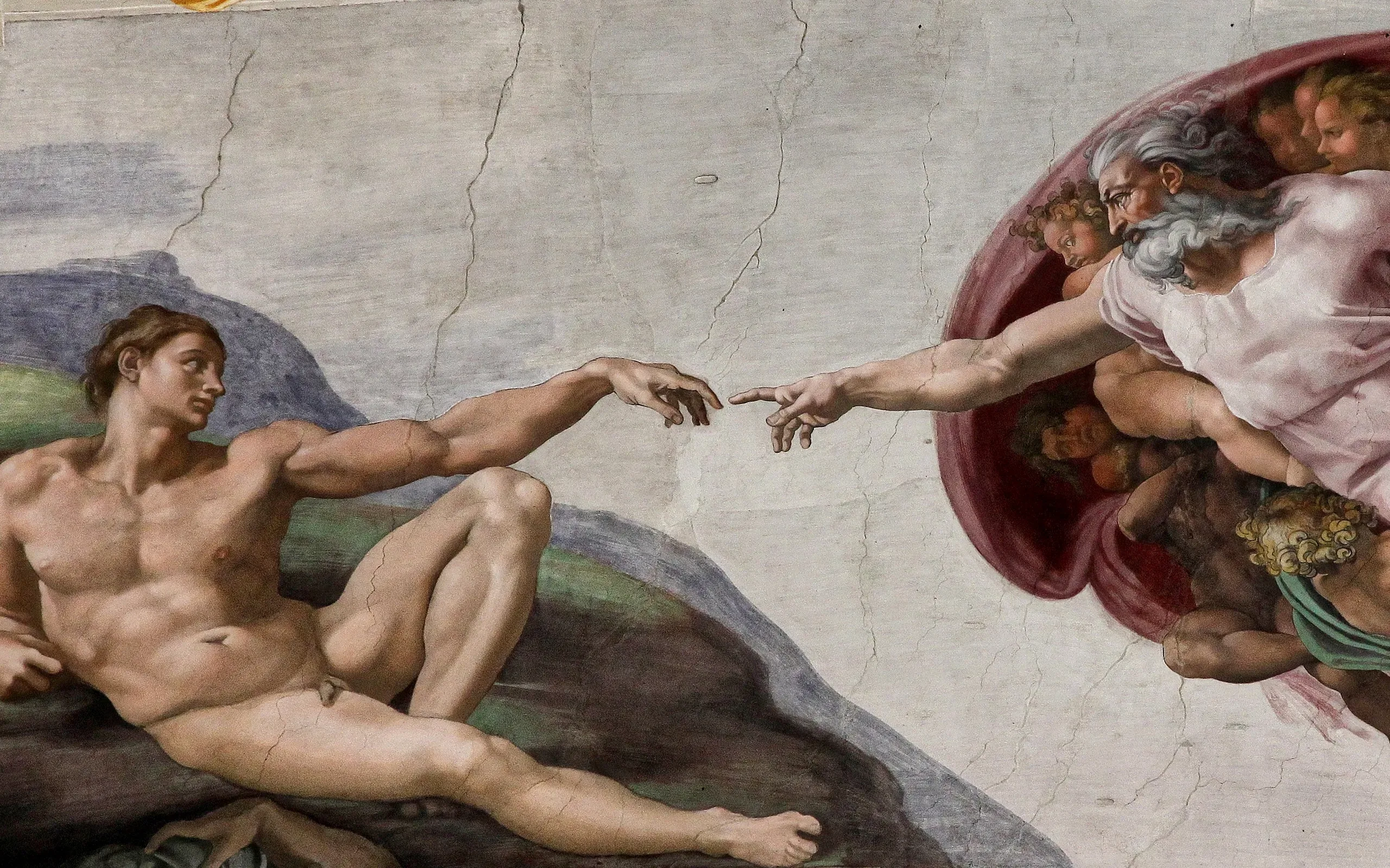 Michelangelo's Creation of Adam: two outstretched hands, almost touching.